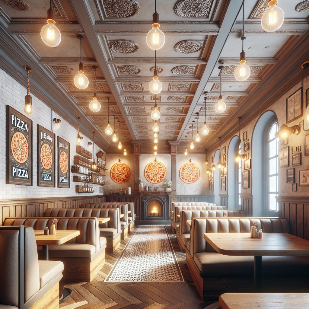 Cozy restaurant atmosphere with warm lighting and comfortable seating