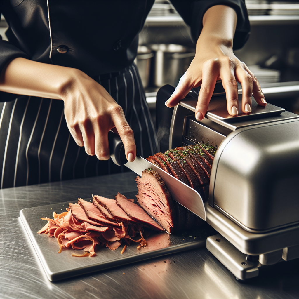 Close-up of chef preparing roast beef sandwich, thinly slicing seasoned roast beef on commercial meat slicer with steam rising