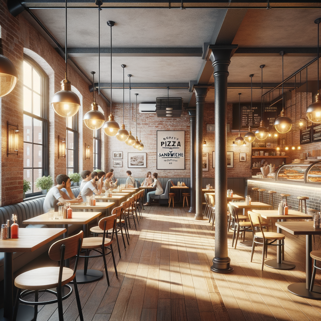 Warm inviting restaurant interior with exposed brick walls, wooden tables, and families enjoying meals in Lowell Massachusetts style
