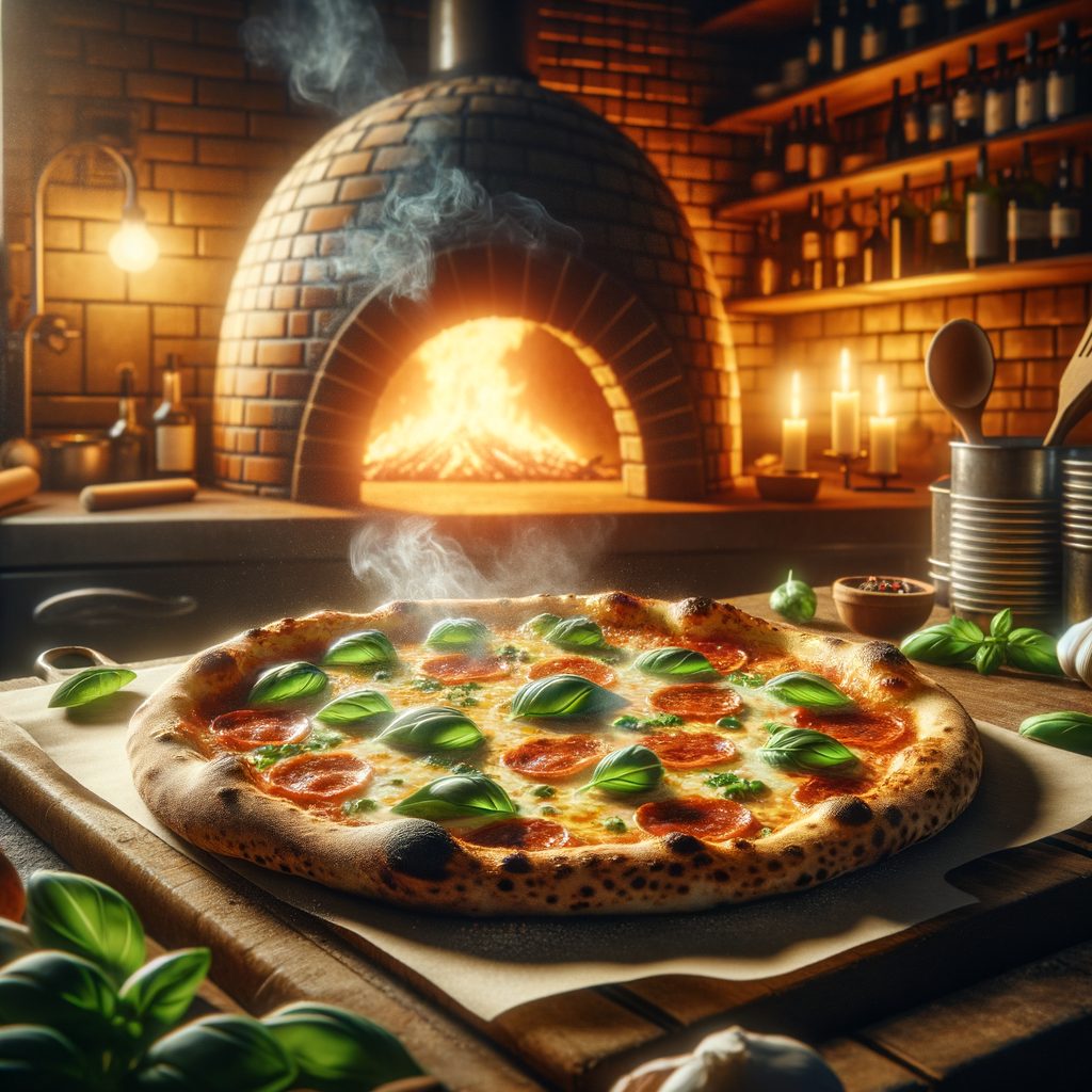 A pizza on a wooden board in front of a lit brick oven in a warmly lit kitchen